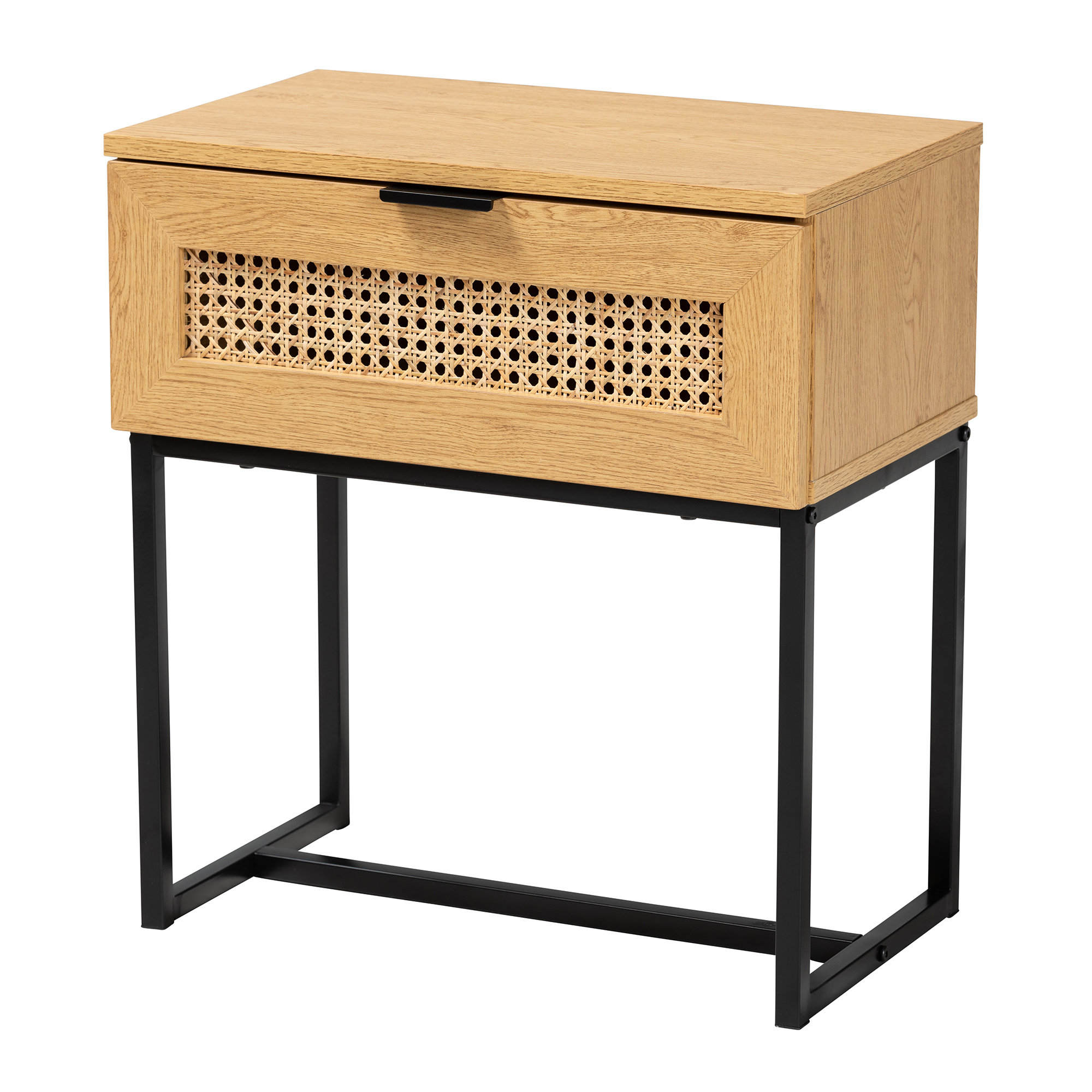 Baxton Studio Sawyer Mid-Century Modern Industrial Oak Brown Finished Wood and Black Metal 1-Drawer End Table with Natural Rattan